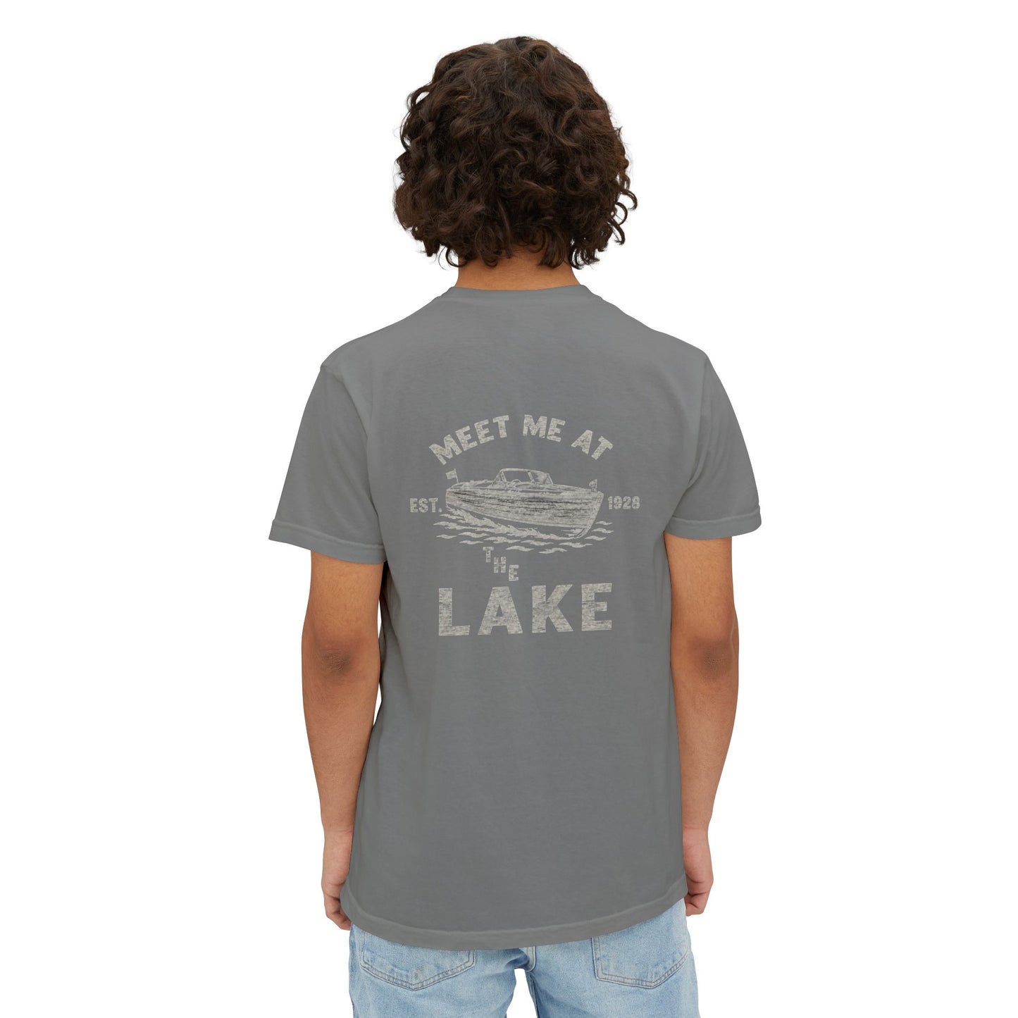 Lake Pocket T-Shirt — "Meet Me at the Lake" Vintage Boat Tee