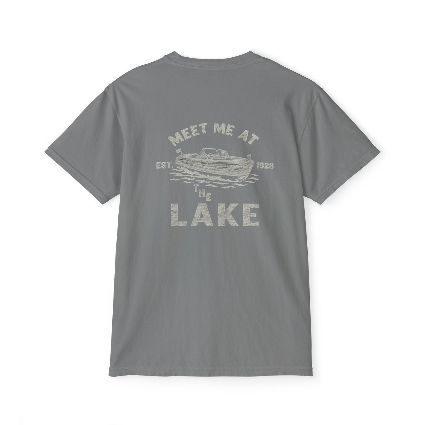 Lake Pocket T-Shirt — "Meet Me at the Lake" Vintage Boat Tee